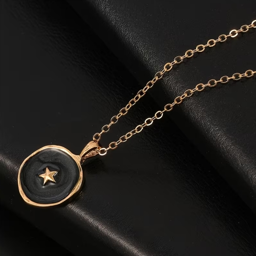 Gold Black Enamel Star Necklace